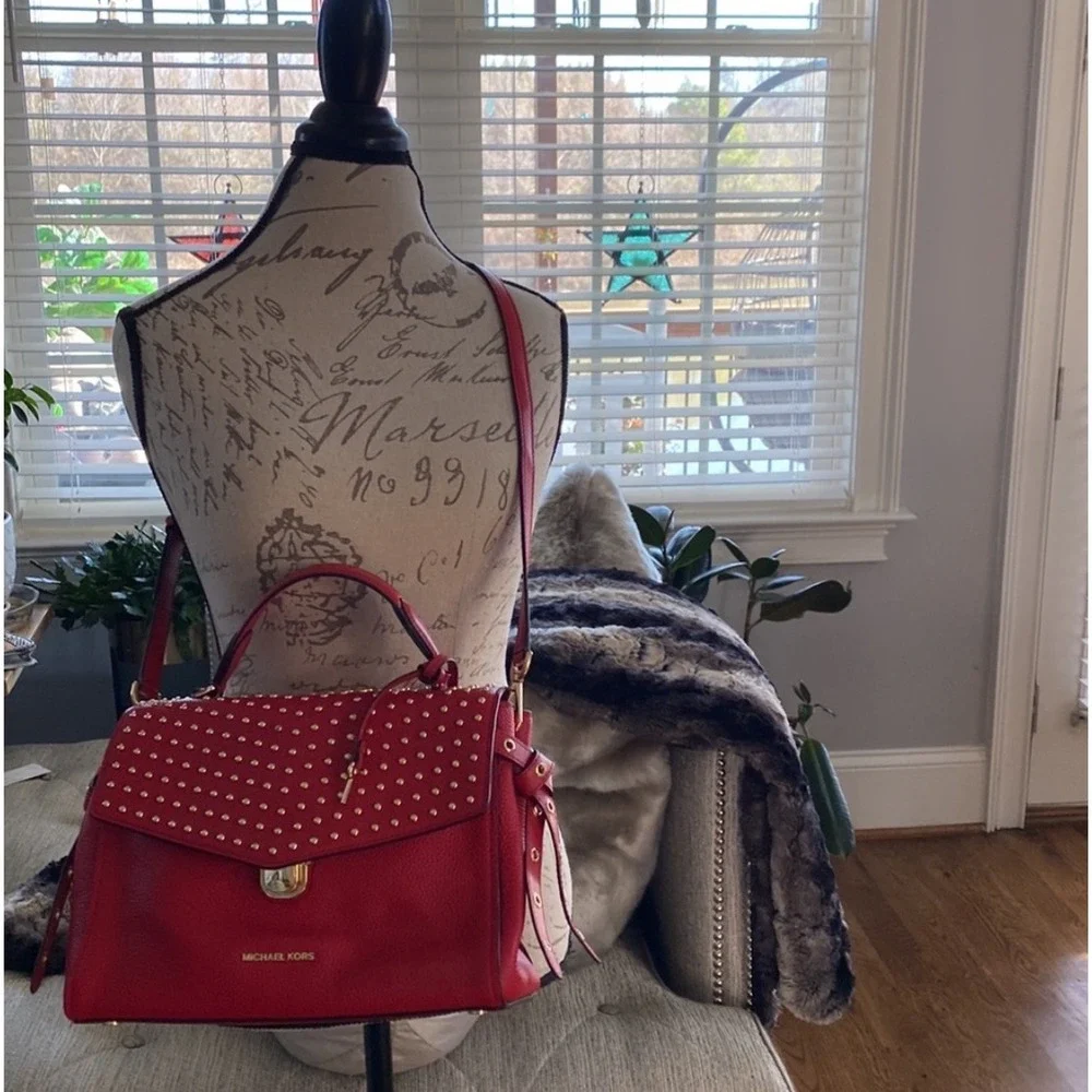 Michael Kors Bristol Bright Red‎ Leather Satchel Studded Crossbody Bag